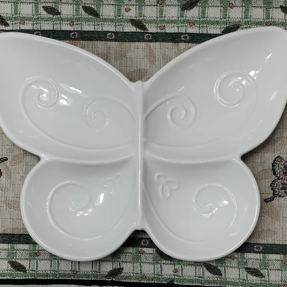 White Butterfly Divided Ceramic Serving Dish Tray Plate